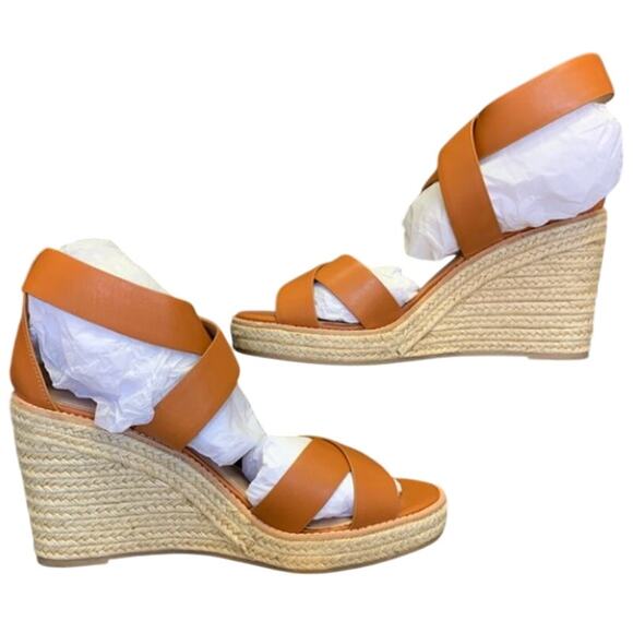 BANANA REPUBLIC Leather Buckle Espadrille Wedge Sandal Cognac Sz 12 NIB $138 - Picture 2 of 5